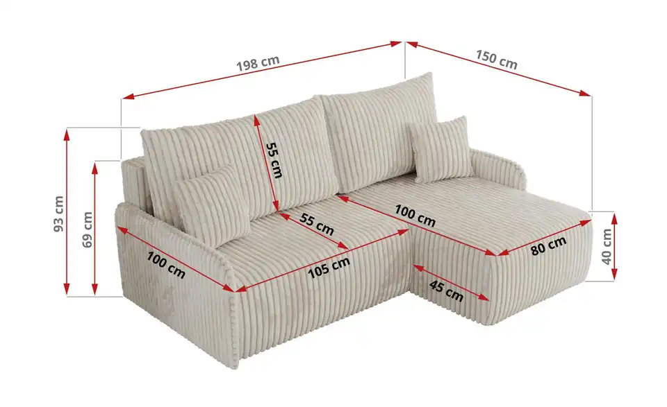 Ecksofa Arpa mit Schlaffunktion, Bemaßung