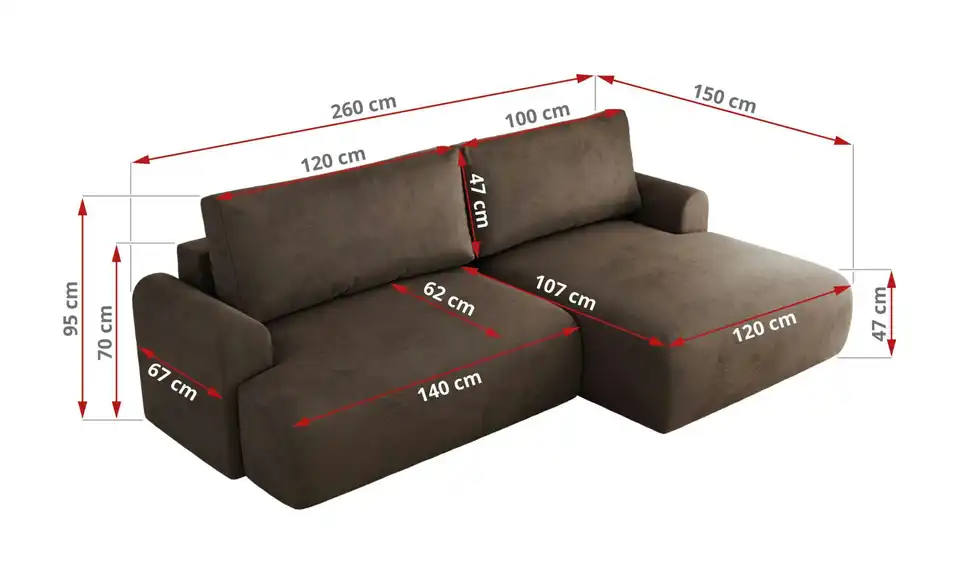 Ecksofa Tono mit Schlaffunktion, Bemaßung