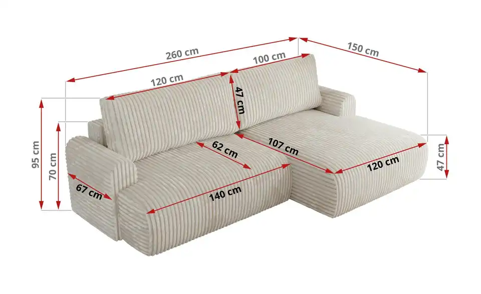 Ecksofa Tono mit Schlaffunktion, Bemaßung