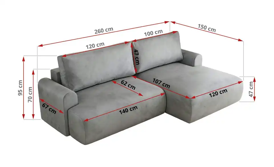 Ecksofa Tono mit Schlaffunktion, Bemaßung