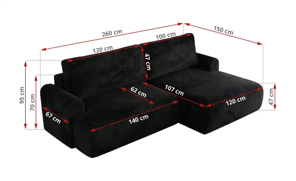 Ecksofa Tono mit Schlaffunktion, Bemaßung