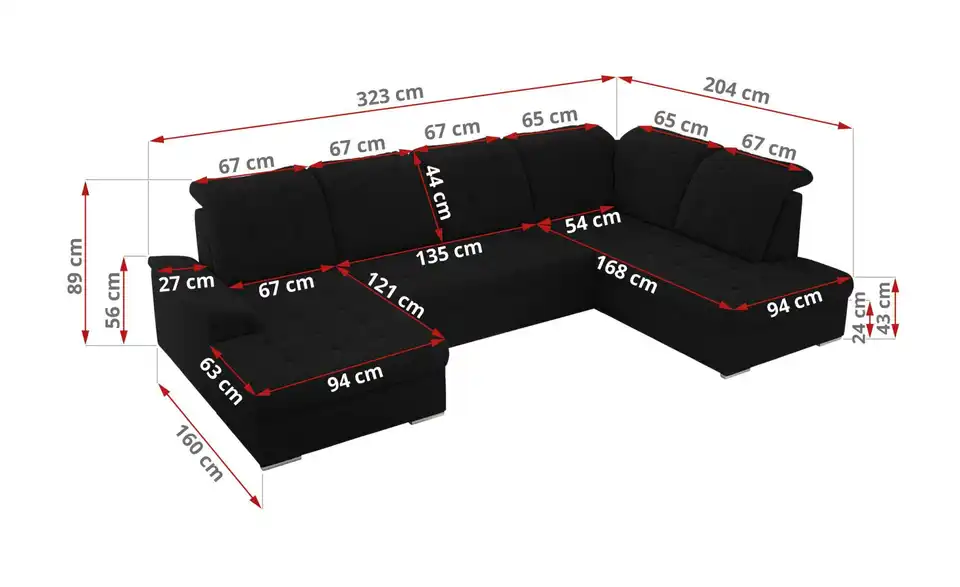 Wohnlandschaft Madrito mit Schlaffunktion, Bemaßung