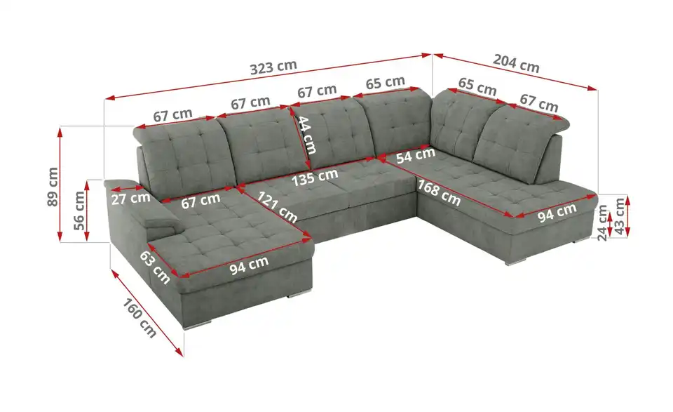 Wohnlandschaft Madrito mit Schlaffunktion, Bemaßung