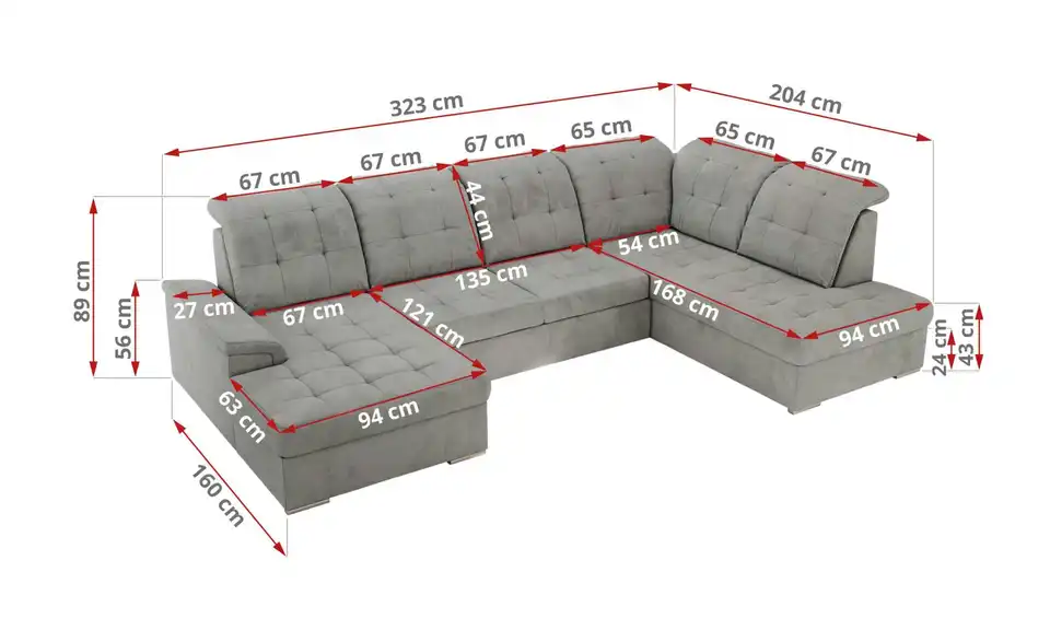 Wohnlandschaft Madrito mit Schlaffunktion, Bemaßung