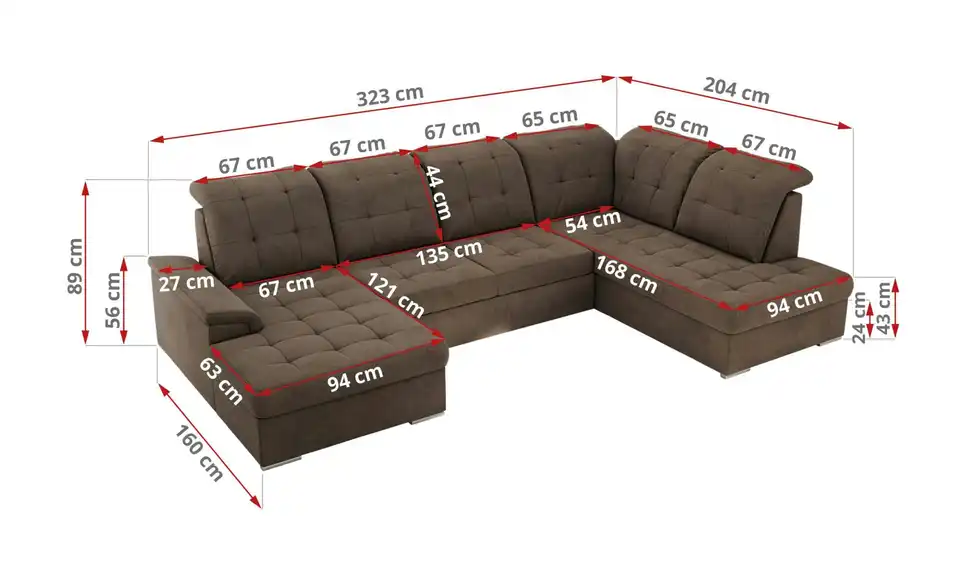 Wohnlandschaft Madrito mit Schlaffunktion, Bemaßung