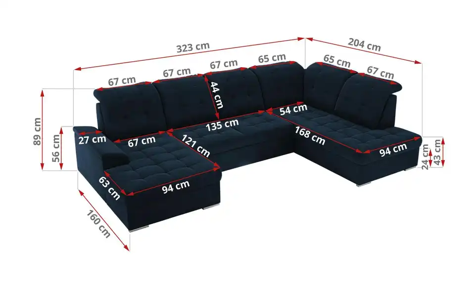 Wohnlandschaft Madrito mit Schlaffunktion, Bemaßung