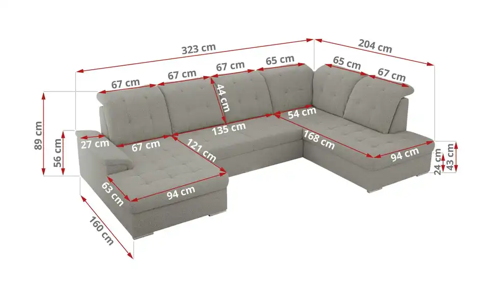 Wohnlandschaft Madrito mit Schlaffunktion, Bemaßung