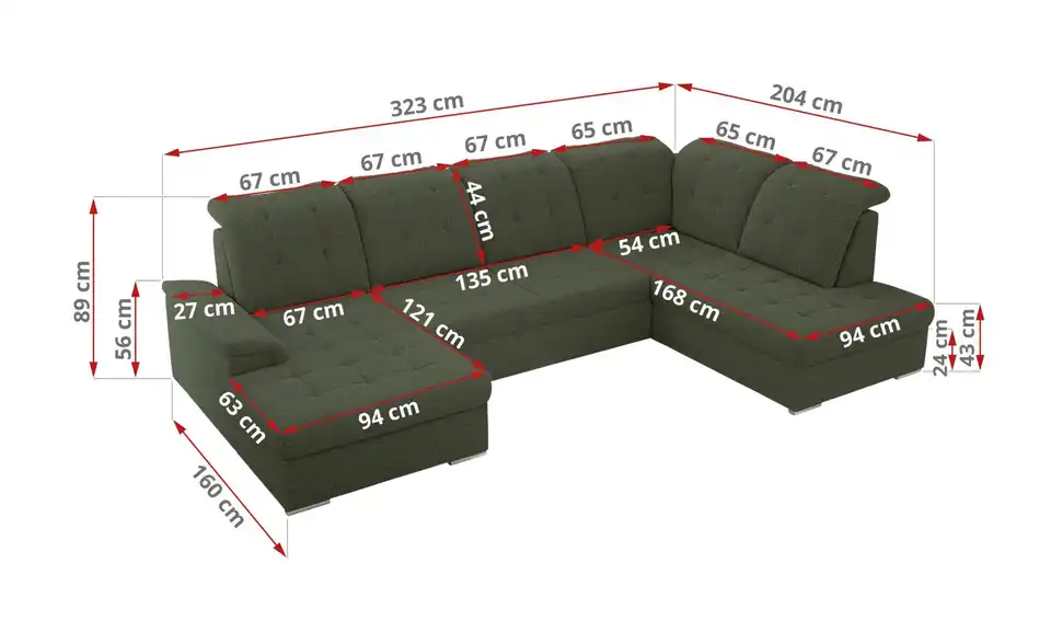 Wohnlandschaft Madrito mit Schlaffunktion, Bemaßung