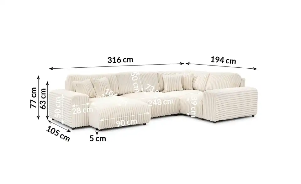 S-STYLE Wohnlandschaft XXL Mollis, Bemaßung