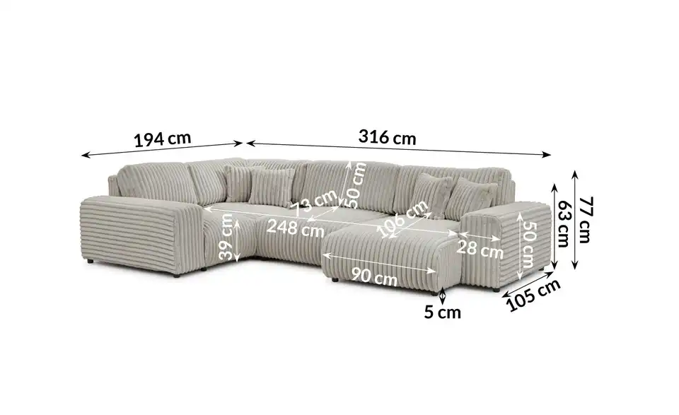 S-STYLE Wohnlandschaft XXL Mollis, Bemaßung