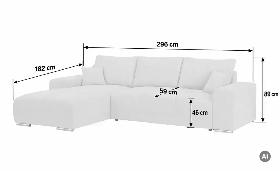 Ecksofa Barco mit Schlaffunktion, Bemaßung