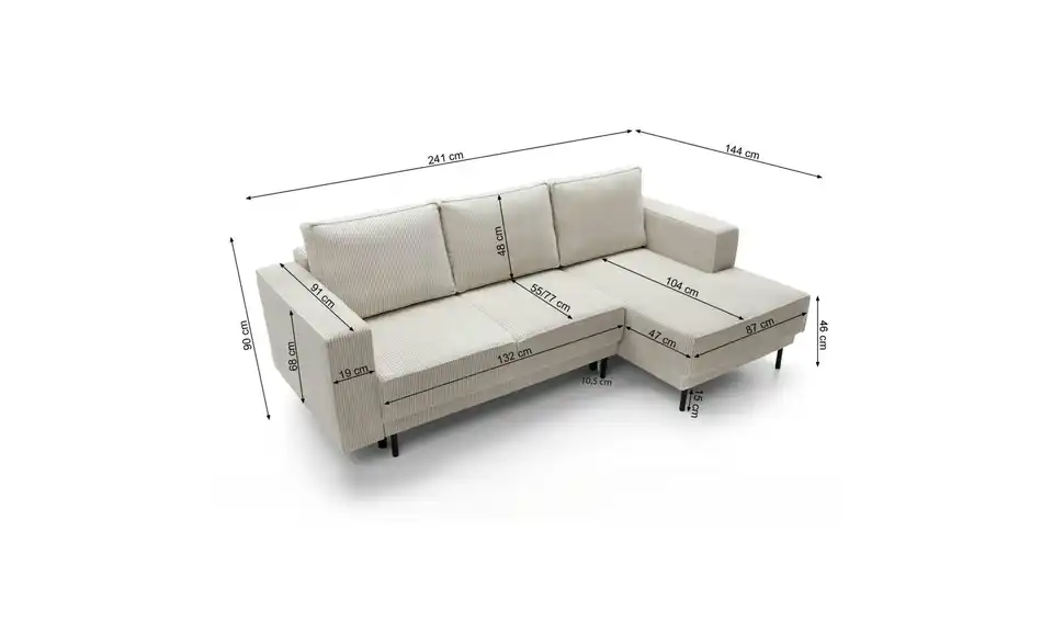 Selsey Ecksofa Rodario Mini mit Schlaffunktion, Bemaßung