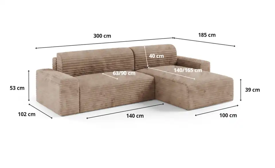 Ecksofa COCO L 77 Coco mit Schlaffunktion, Bemaßung