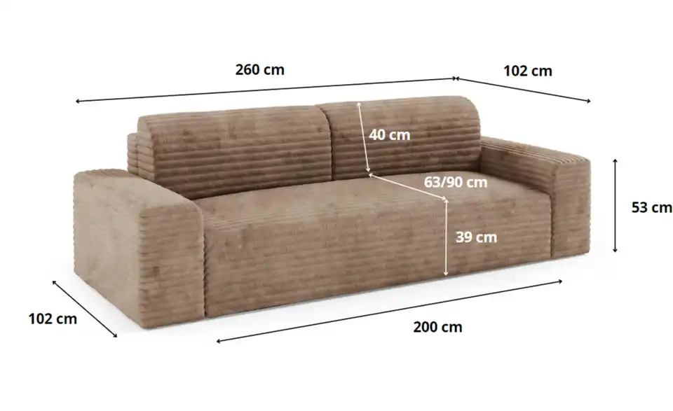 Schlafsofa Coco mit Stauraum, Bemaßung