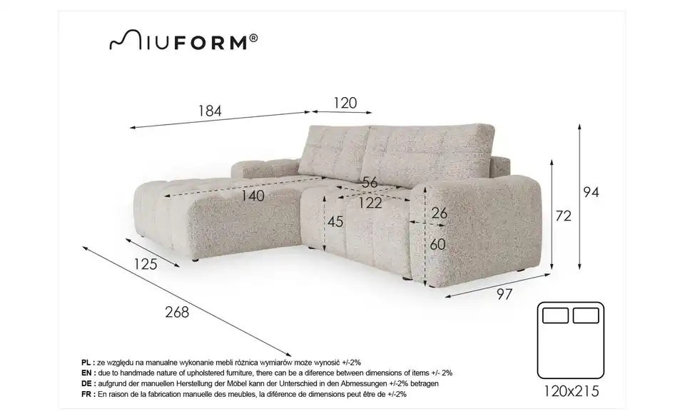 Miuform Ecksofa, Bemaßung