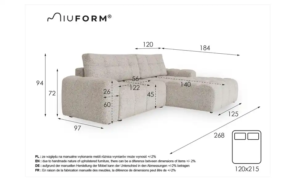 Miuform Ecksofa, Bemaßung