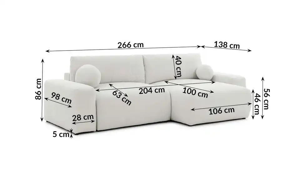 S-STYLE Ecksofa Puffy mit Schlaffunktion, Bemaßung