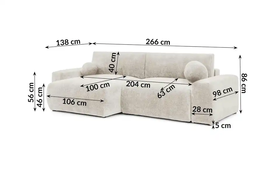S-STYLE Ecksofa Puffy mit Schlaffunktion, Bemaßung