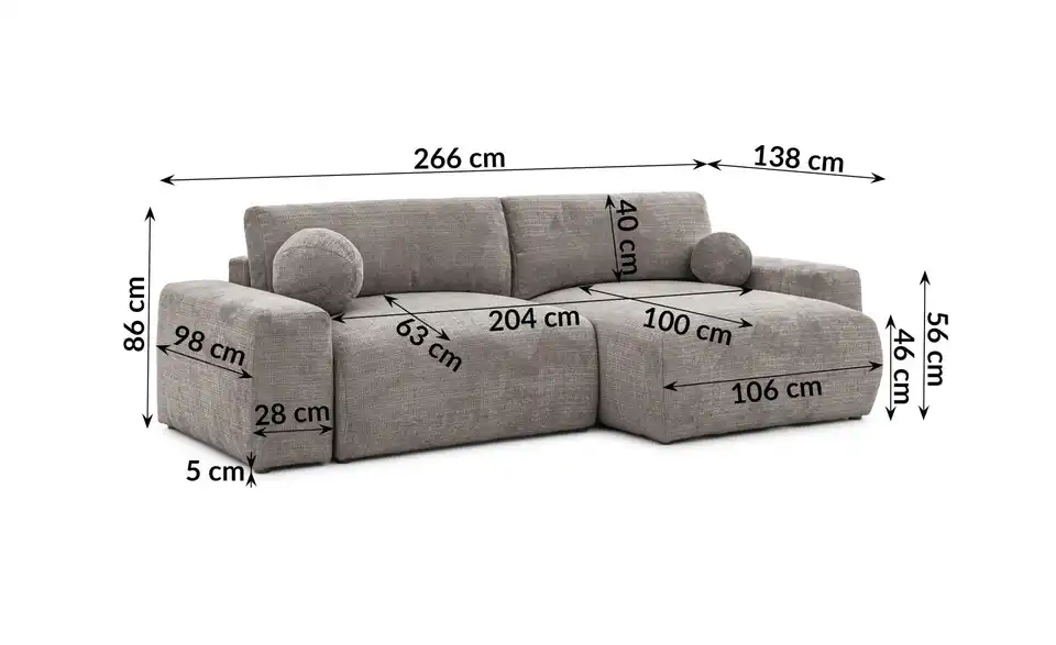 S-STYLE Ecksofa Puffy mit Schlaffunktion, Bemaßung