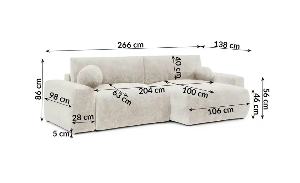 S-STYLE Ecksofa Puffy mit Schlaffunktion, Bemaßung