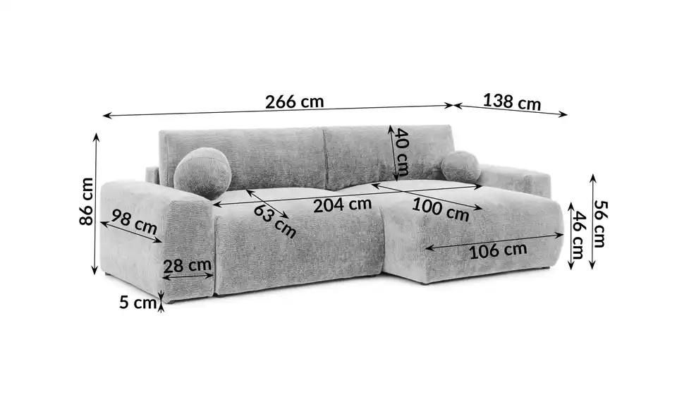 S-STYLE Ecksofa Puffy mit Schlaffunktion, Bemaßung