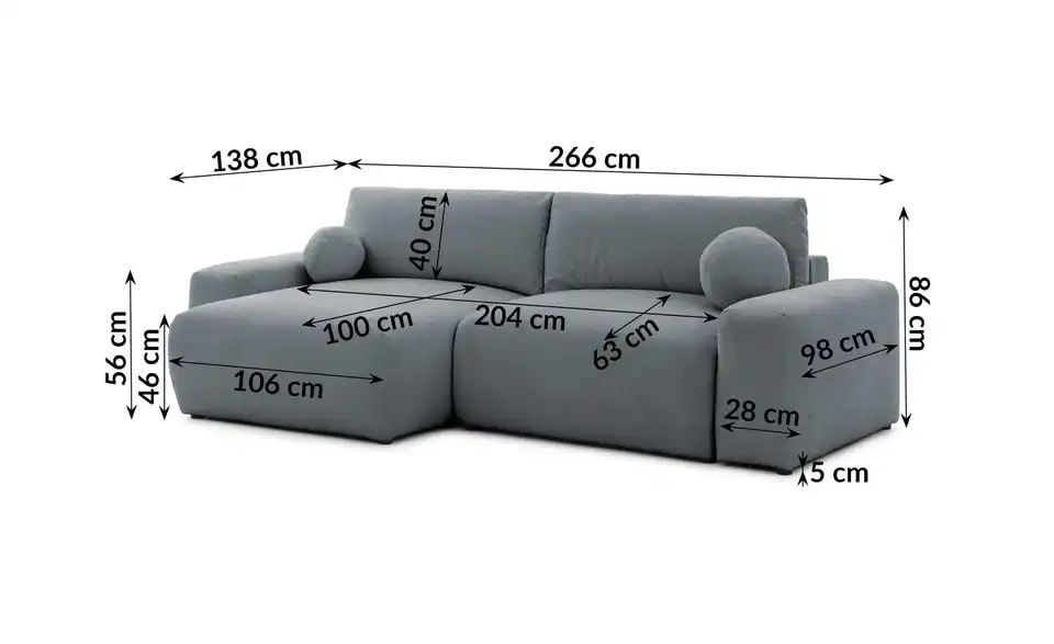 S-STYLE Ecksofa Puffy mit Schlaffunktion, Bemaßung