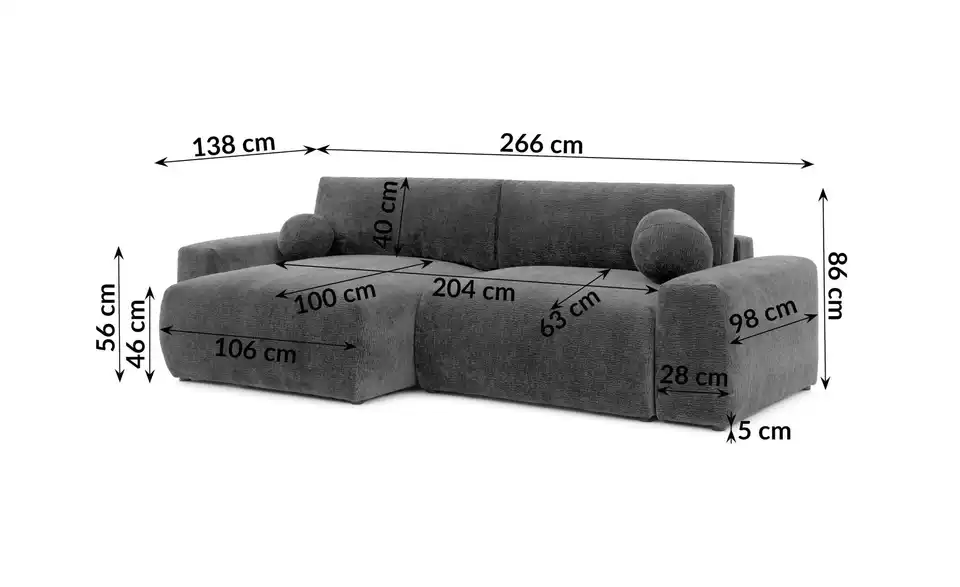 S-STYLE Ecksofa Puffy mit Schlaffunktion, Bemaßung