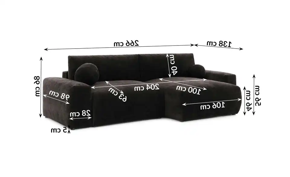 S-STYLE Ecksofa Puffy mit Schlaffunktion, Bemaßung