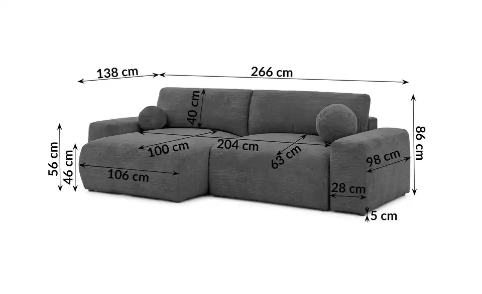 S-STYLE Ecksofa Puffy mit Schlaffunktion, Bemaßung