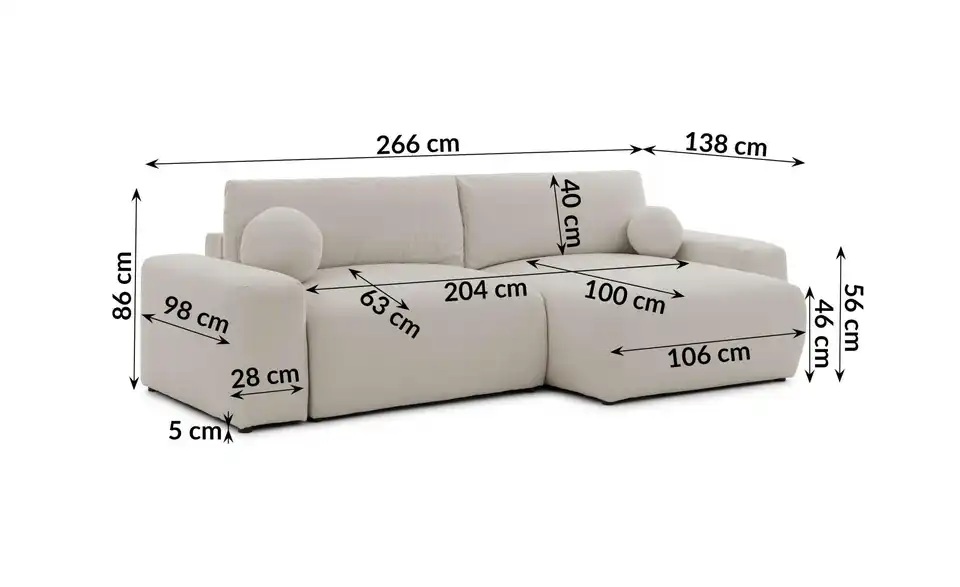 S-STYLE Ecksofa Puffy mit Schlaffunktion, Bemaßung