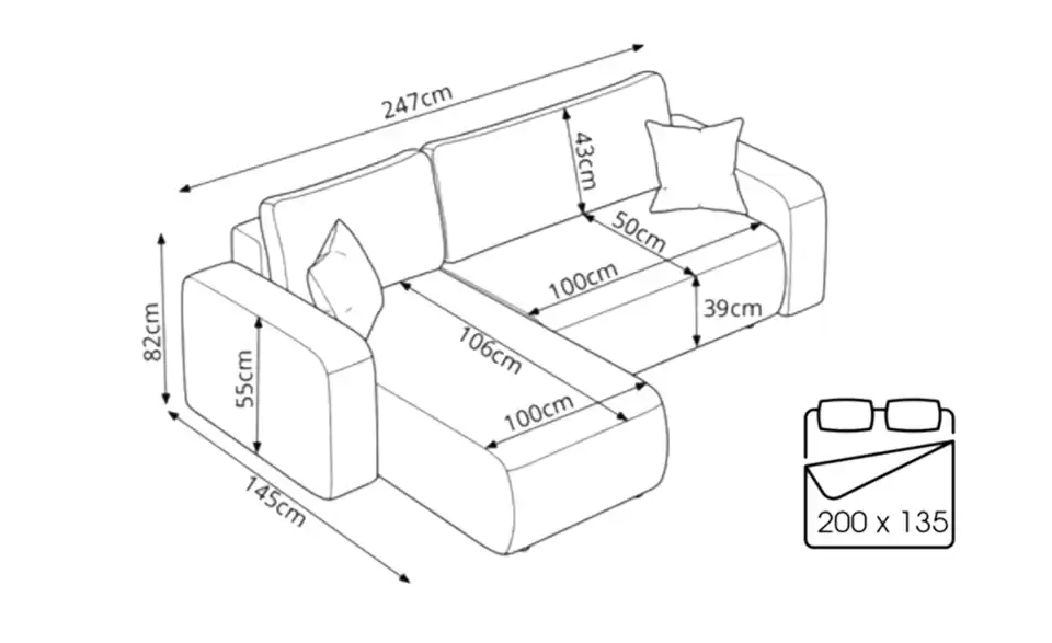 Ecksofa Henna mit Schlaffunktion, Bemaßung
