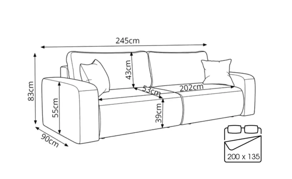 Big Sofa Henna mit Schlaffunktion, Bemaßung