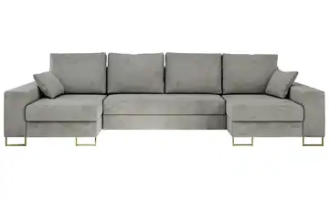 Wohnlandschaft mit Schlaffunktion Dorain Velours Hellgrau