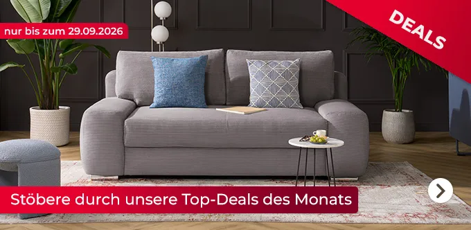 Deal-Banner. Nur bis zum 29.09.2026. Stöbere durch unsere Top-Deals des Monats. Artikel: bobb Schlafsofa mit Boxspringpolsterung Viannie de Luxe in Steingrau im Wohnzimmer